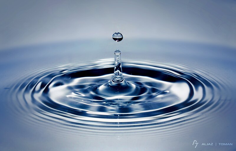 Water Droplet Impact — Blue, Calm, Photograph, Ripples, Reflection, White
