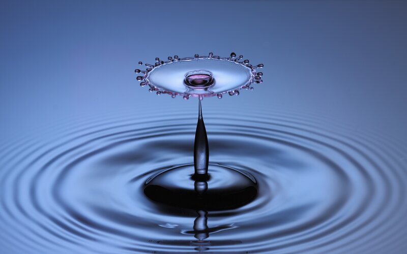 Water Droplet Impact — Blue, Serene, Photograph