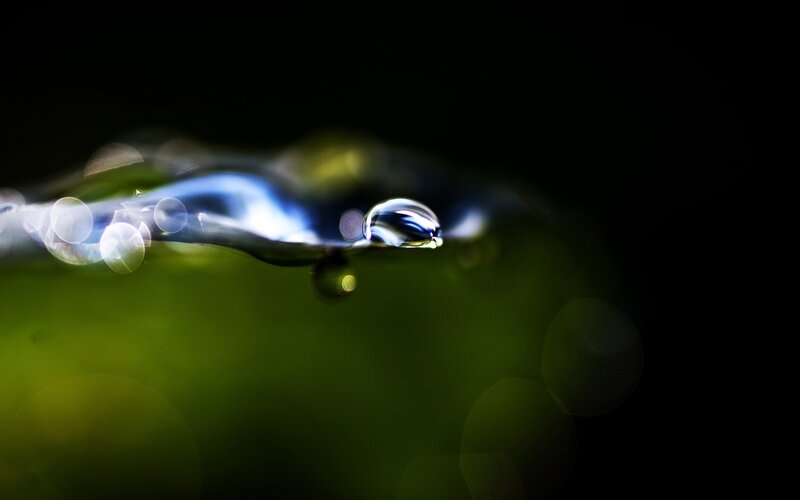 Water Droplet on Leaf — Green, Dramatic, Photograph, Light, Blur