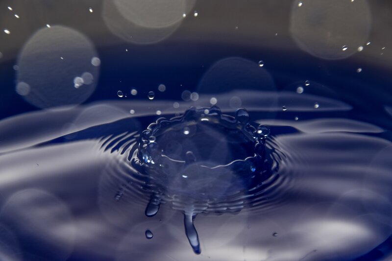 Water Droplet Splash — Blue, Calm, Photograph, Droplets, Ripples, Bokeh