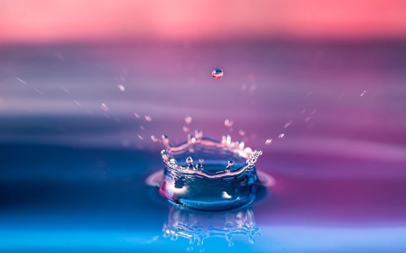 Water Droplet Splash — Blue, Serene, Sunset, Photograph