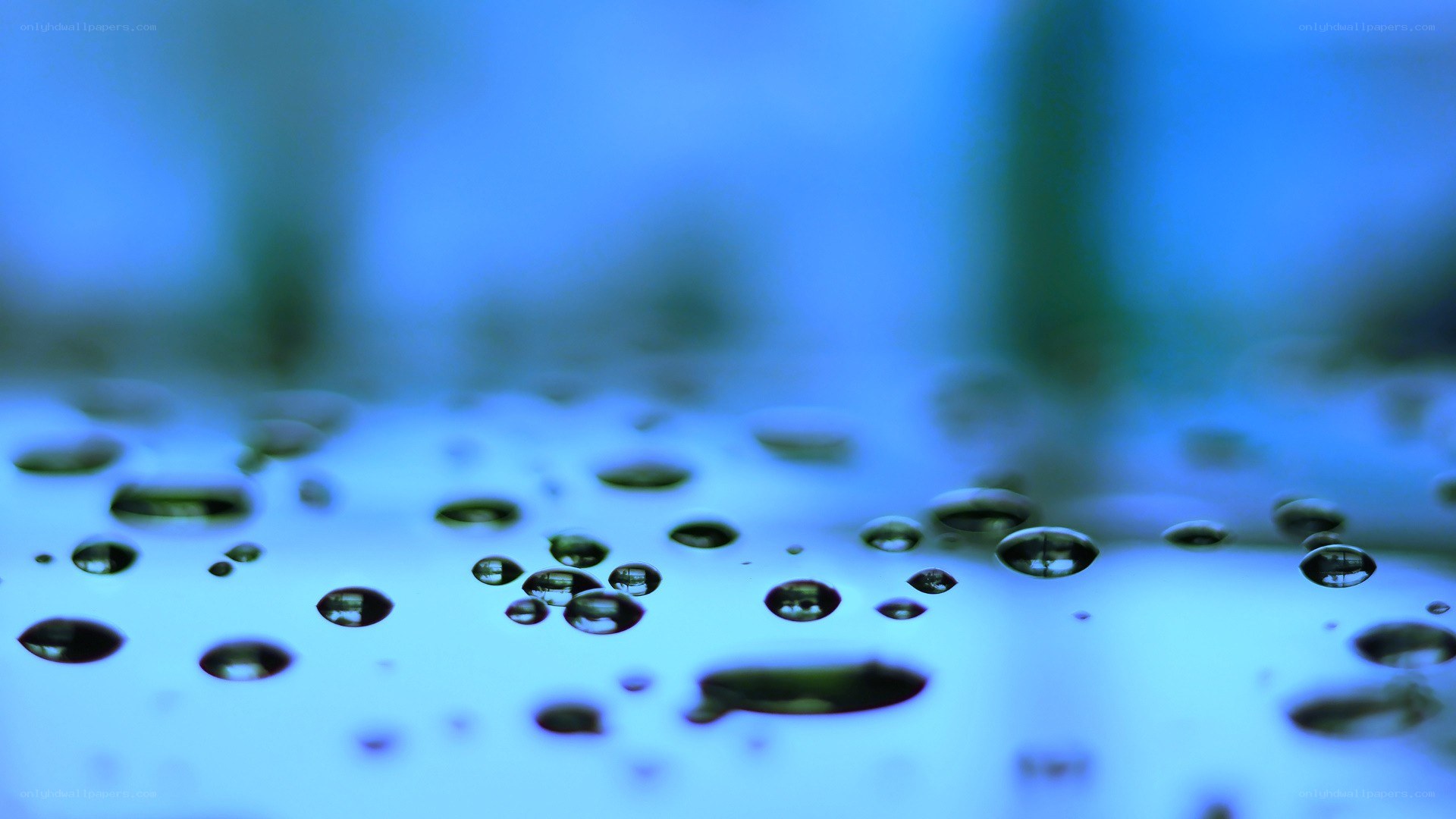 Water droplets on a blue surface