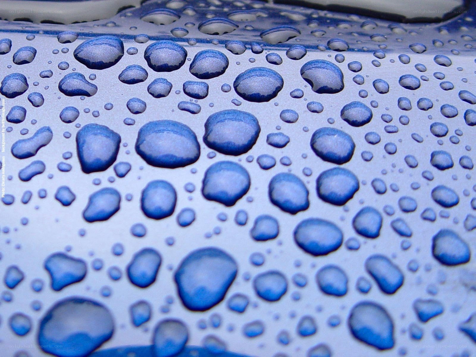 Water droplets on a blue surface