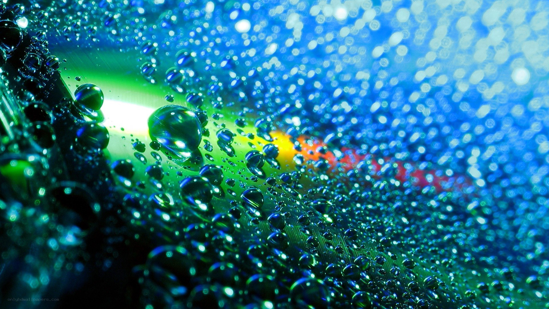 Water droplets on a reflective surface