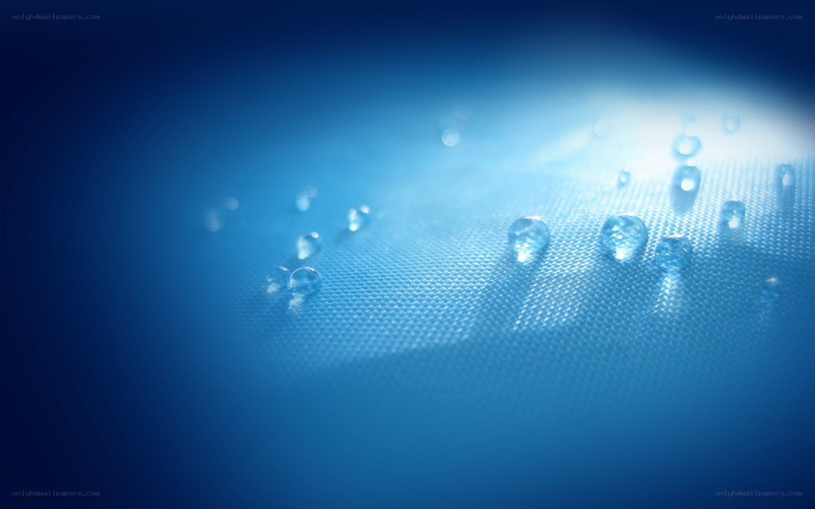 Water droplets on blue fabric
