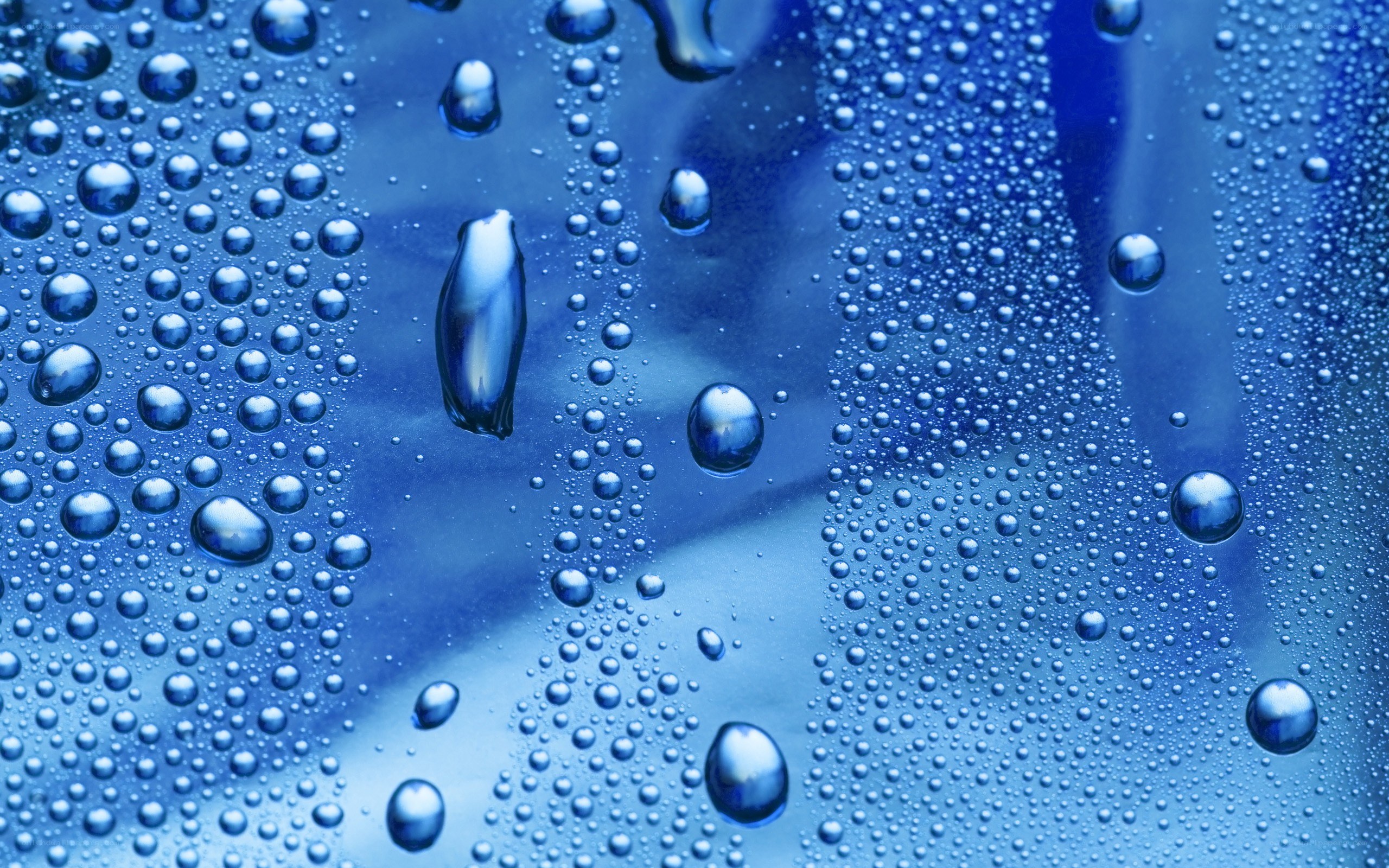 Water droplets on blue surface