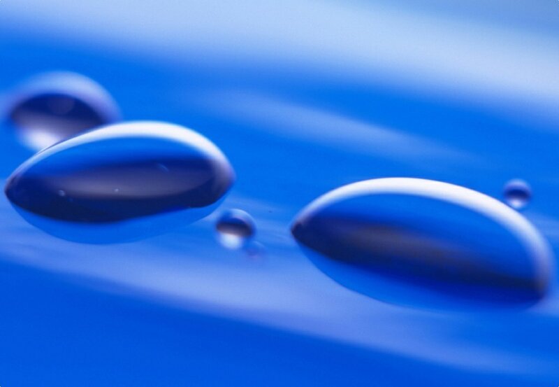 Water Droplets on Blue Surface — Calm, Photograph, Droplet, White