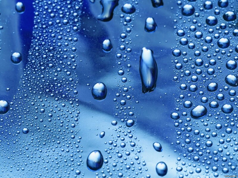 Water Droplets on Blue Surface — Calm, Photograph, Reflection, White
