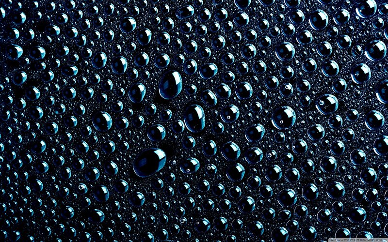 Water Droplets on Dark Surface — Blue, Calm, Photograph, Dark Background