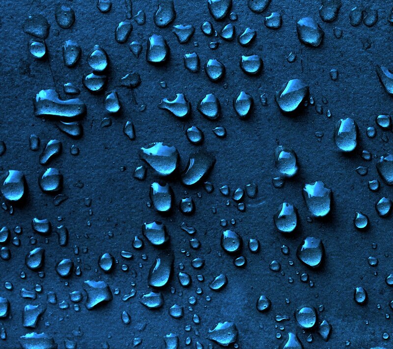 Water Droplets on Dark Surface — Blue, Calm, Photograph, Drops