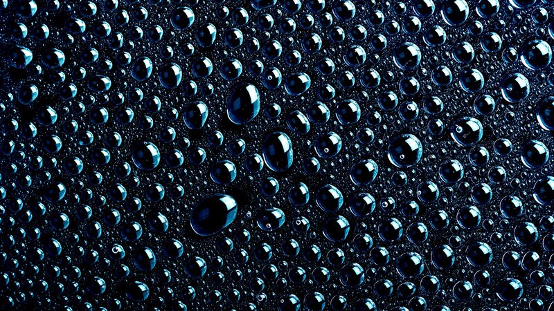 Water Droplets on Dark Surface — Blue, Calm, Photograph, Reflection, Black