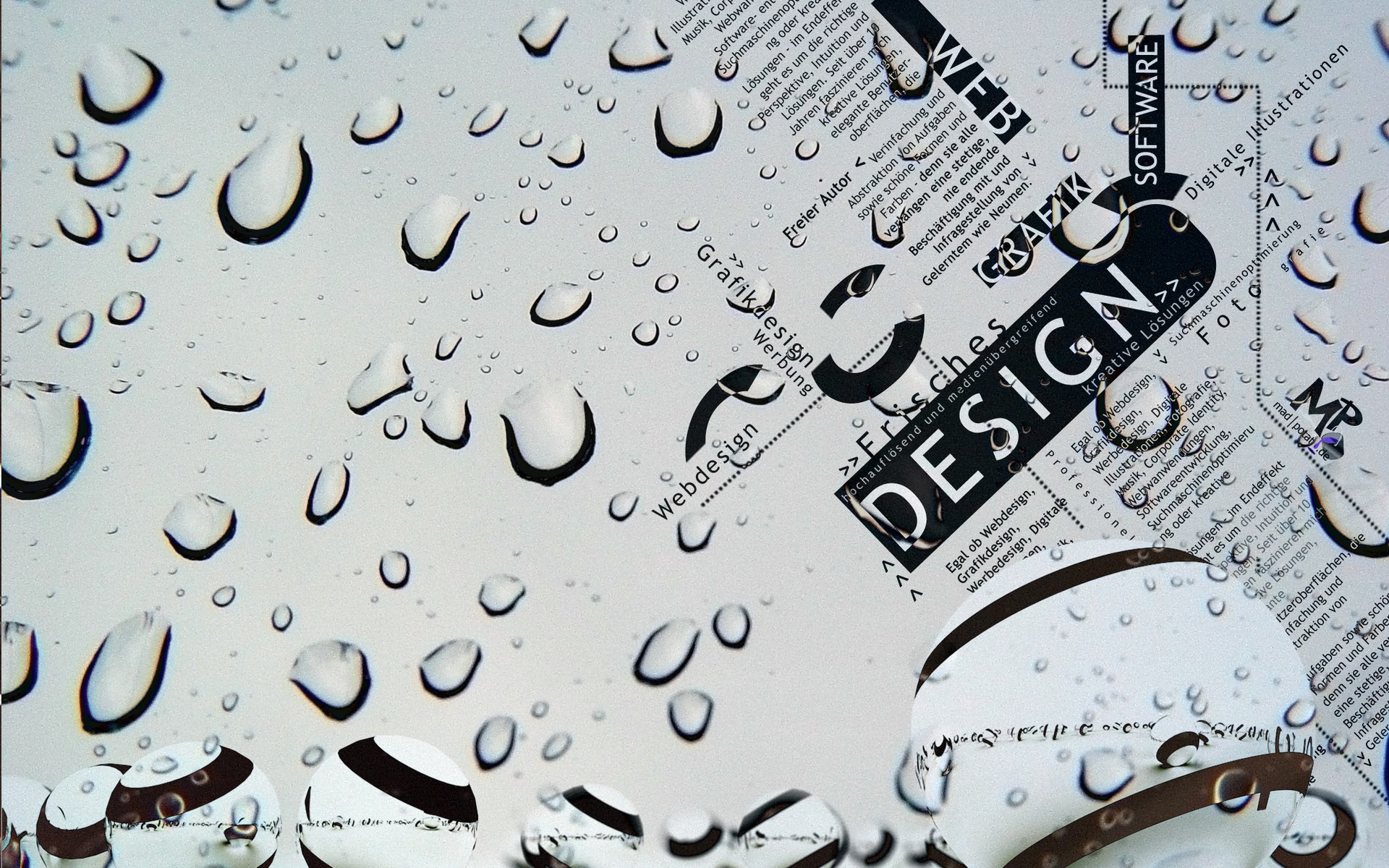 Water droplets on design text