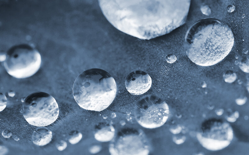 Water Droplets on Surface — Blue, Calm, Photograph, Bubbles
