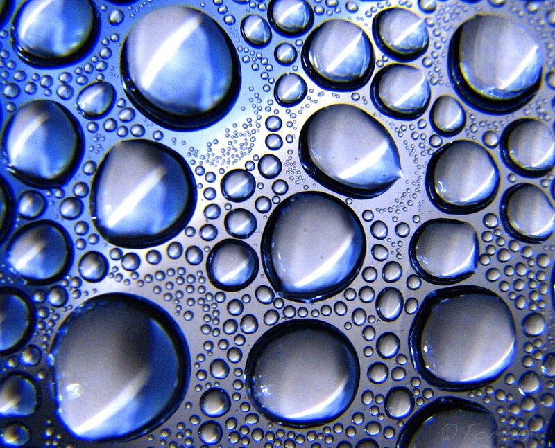 Water Droplets on Surface — Blue, Calm, Photograph, Reflection, White, Gray