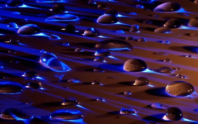 Water Droplets on Surface — Blue, Dramatic, Photograph, Drops, Light, Black