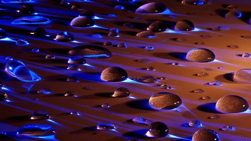 Water Droplets on Surface — Blue, Dramatic, Photograph, Drops, Light