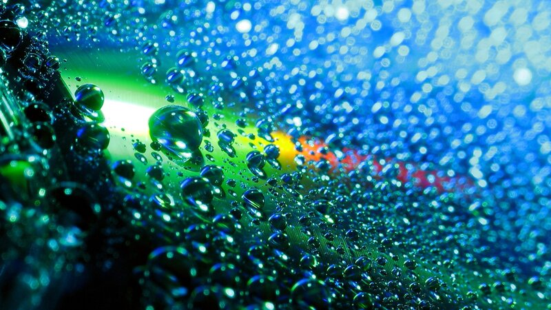 Water Droplets on Surface — Blue, Dramatic, Photograph, Light, Reflection