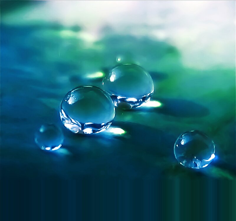 Water Droplets on Surface — Blue, Serene, Photograph, Droplet, Light