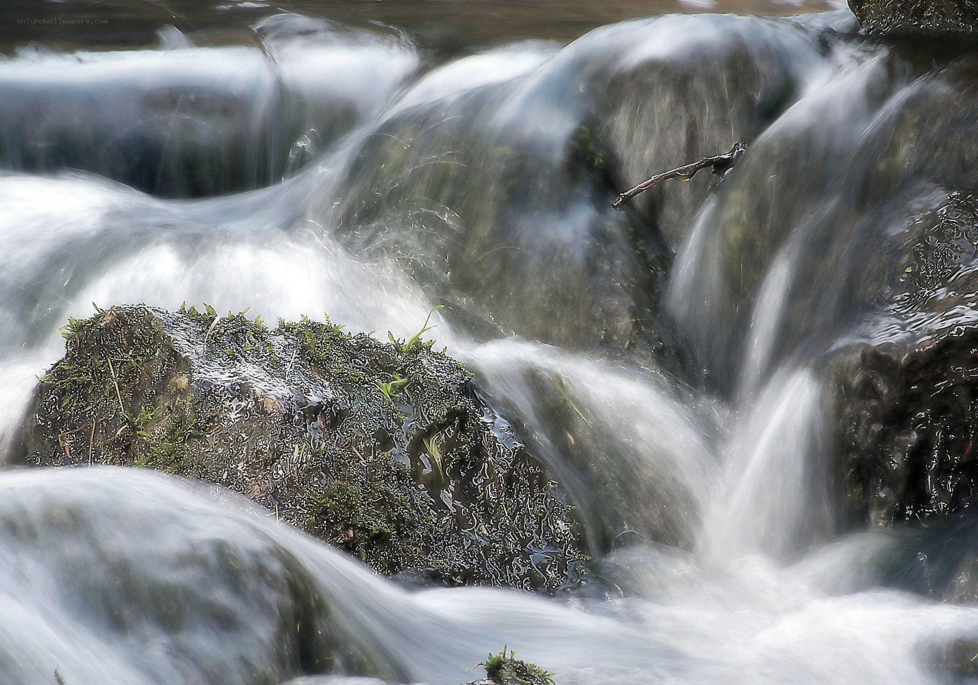 Water flowing over mossy rocks