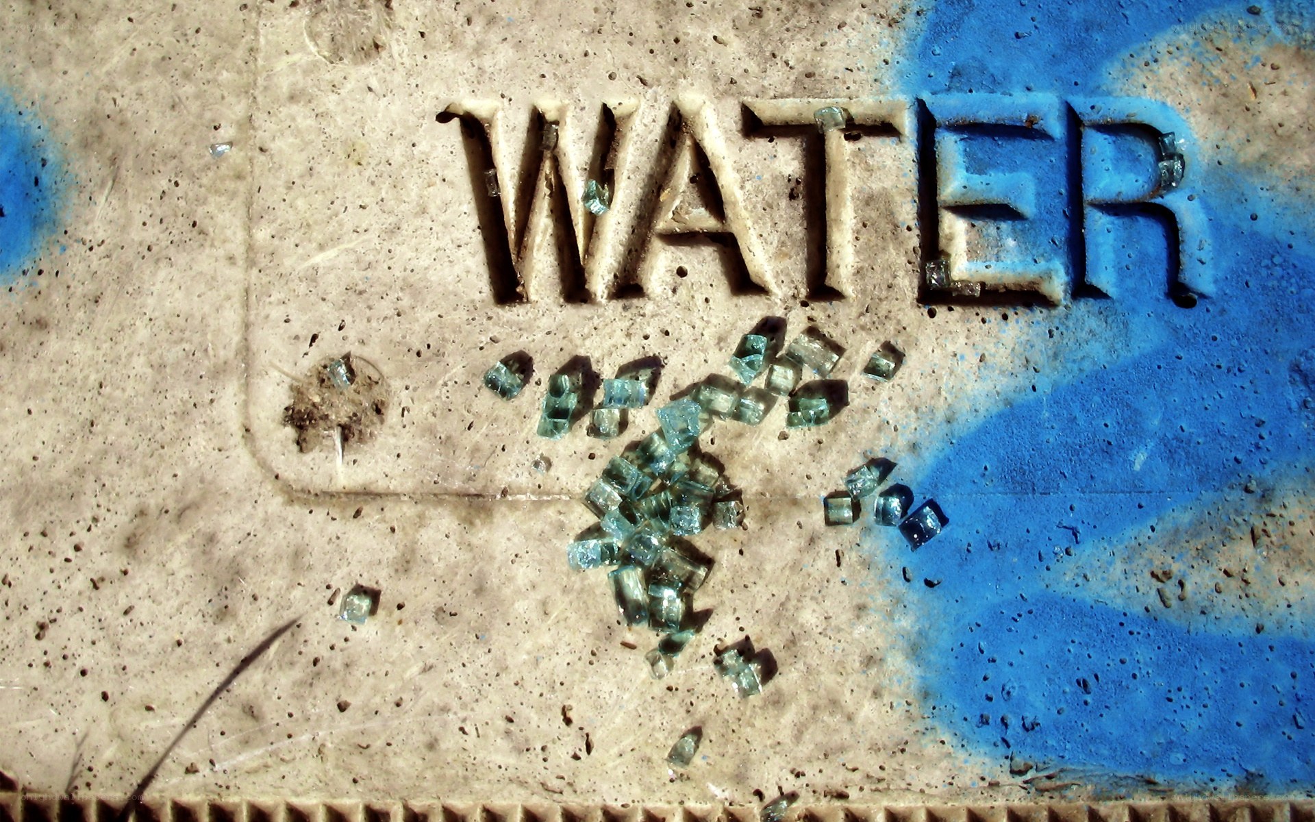 Water sign with broken glass