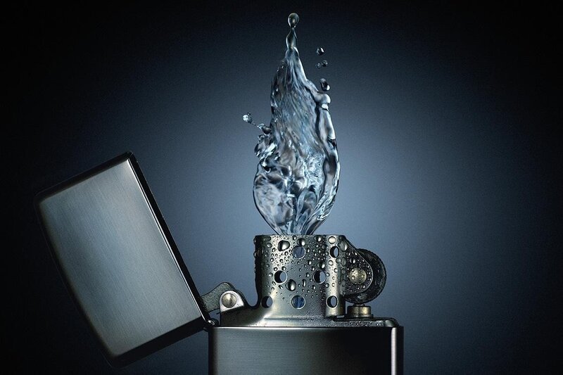 Water Splash from Lighter — Black, Dramatic, Photograph