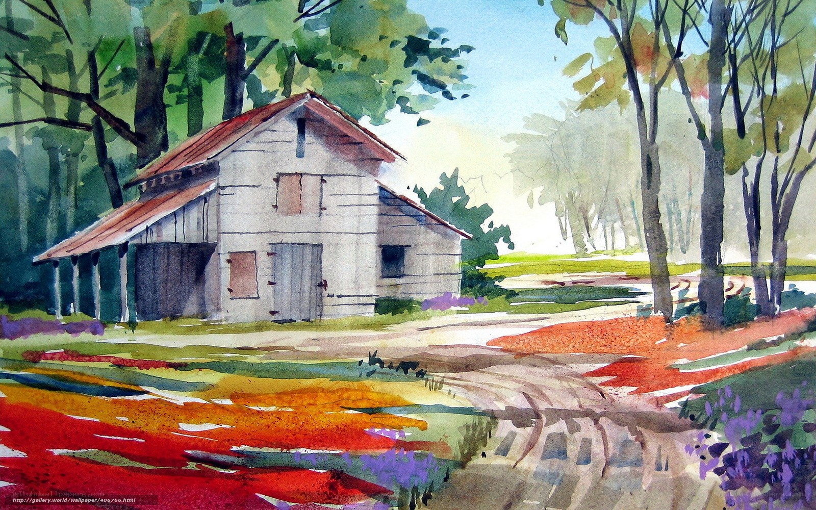 Watercolor barn in forest