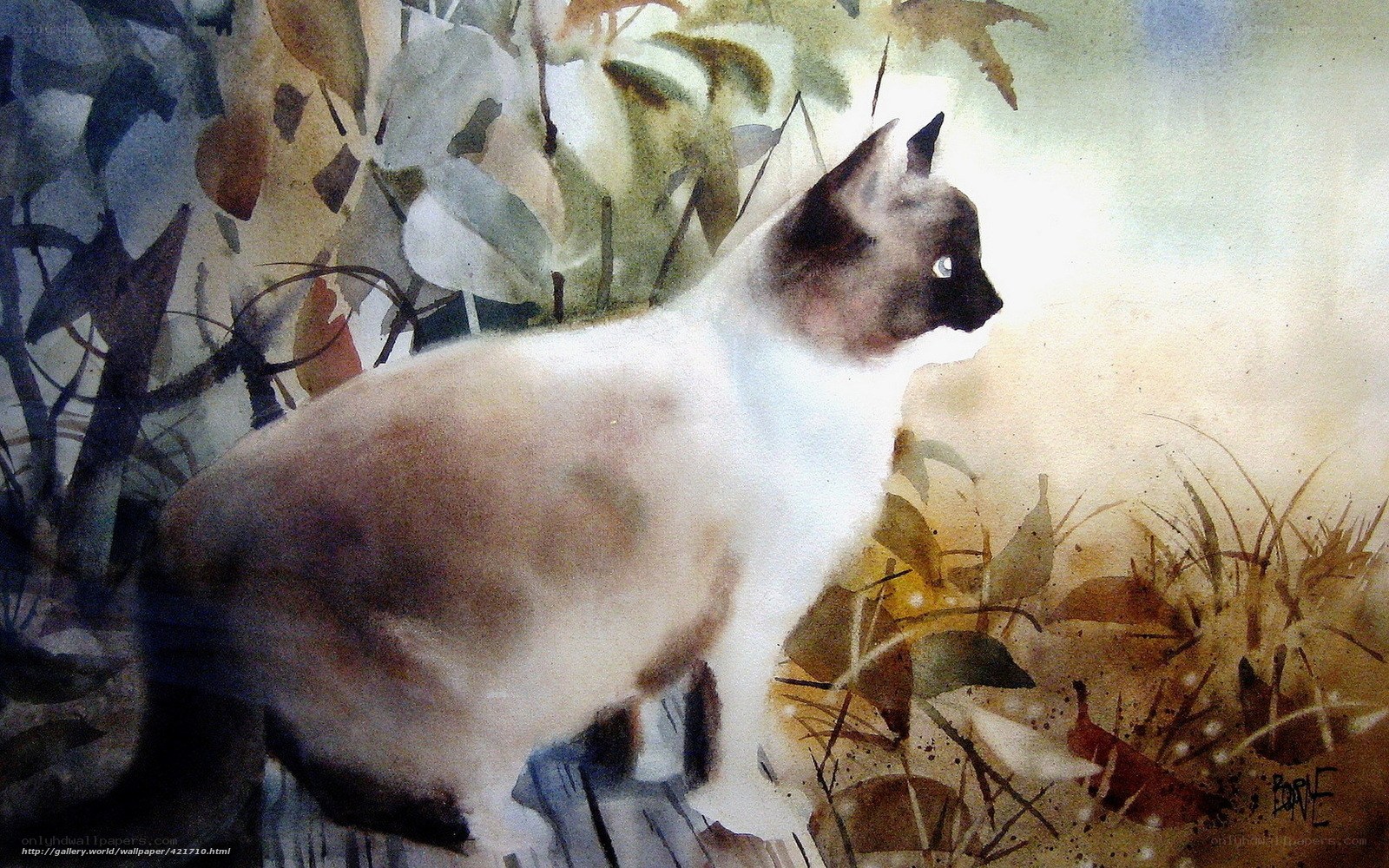 watercolor cat in foliage