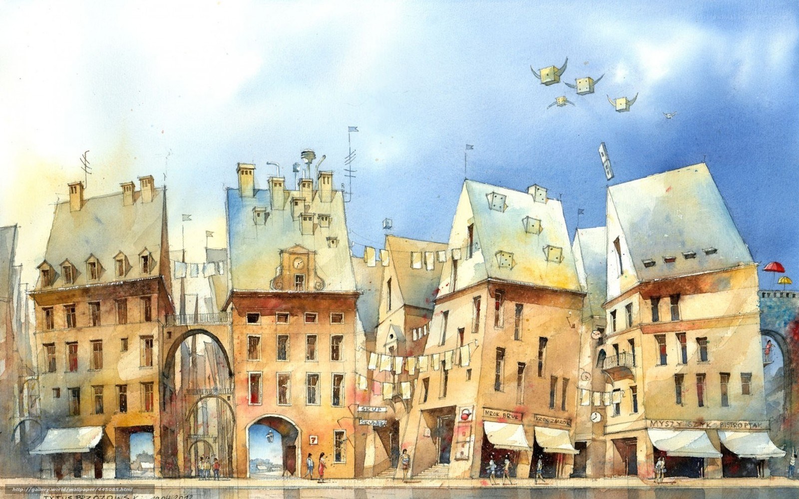 Watercolor cityscape with flying boxes
