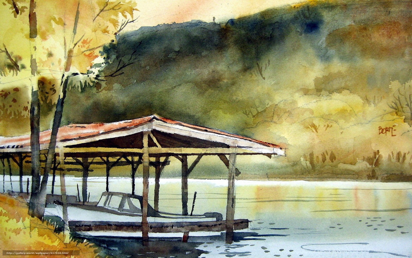 Watercolor dock at sunset