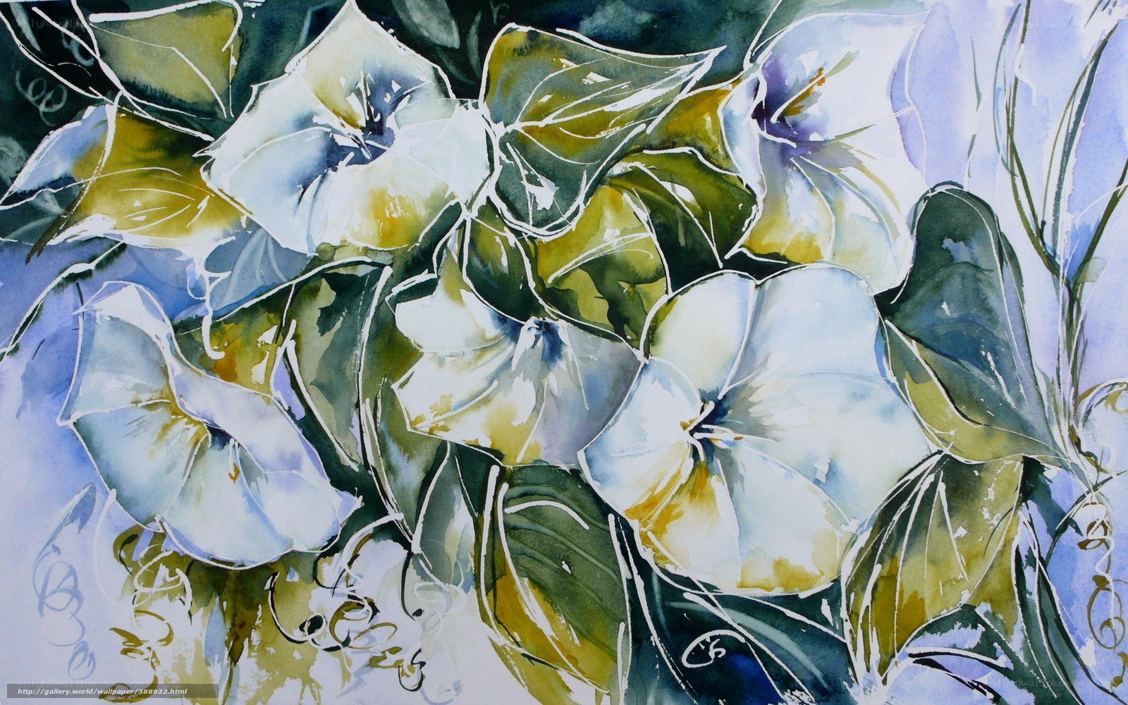 Watercolor flowers in blue and green