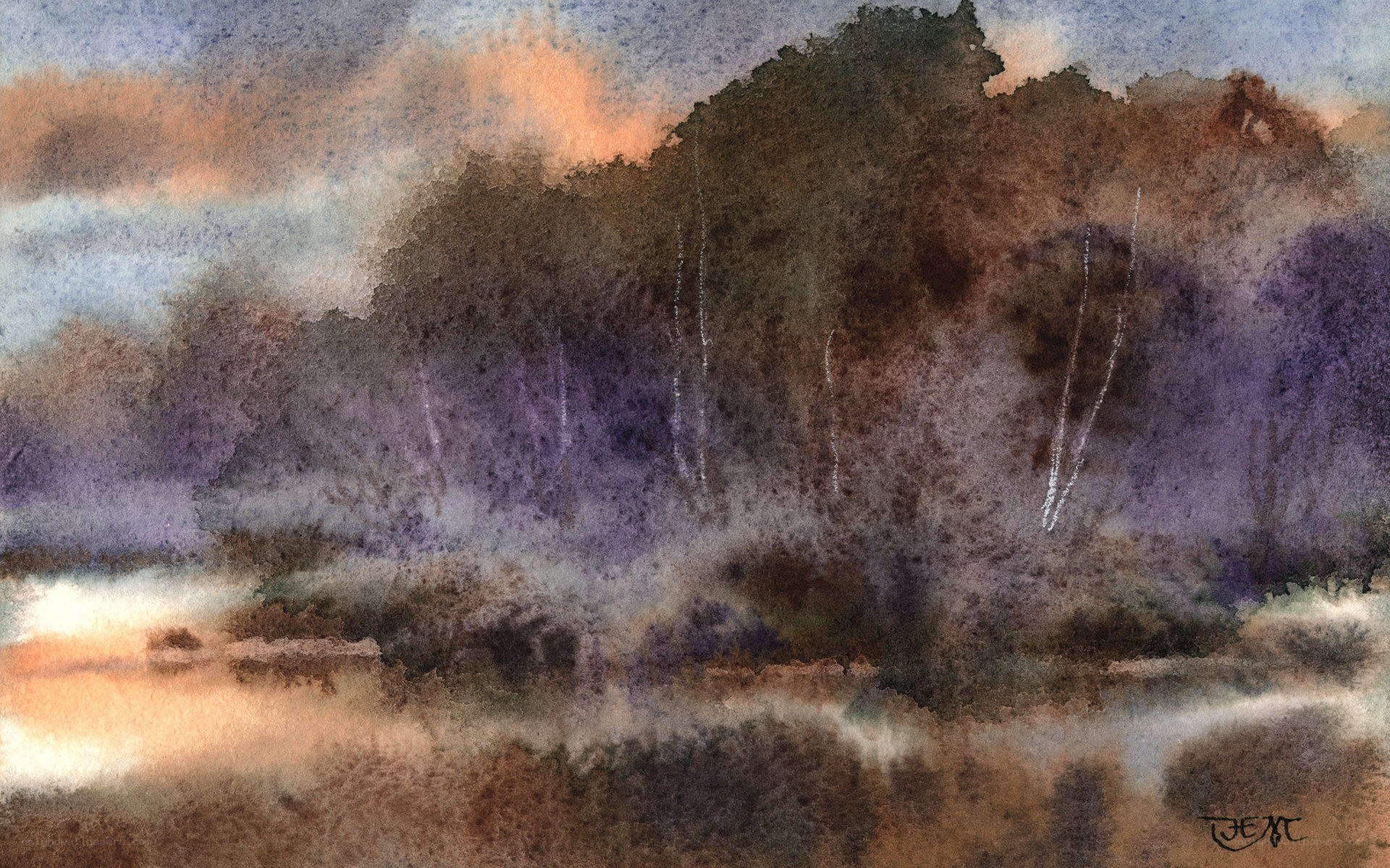 Watercolor forest at dusk