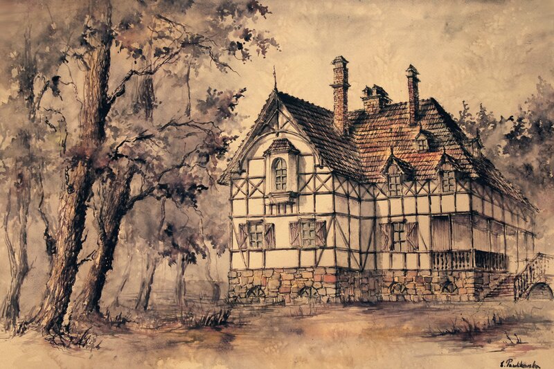 Watercolor house in forest