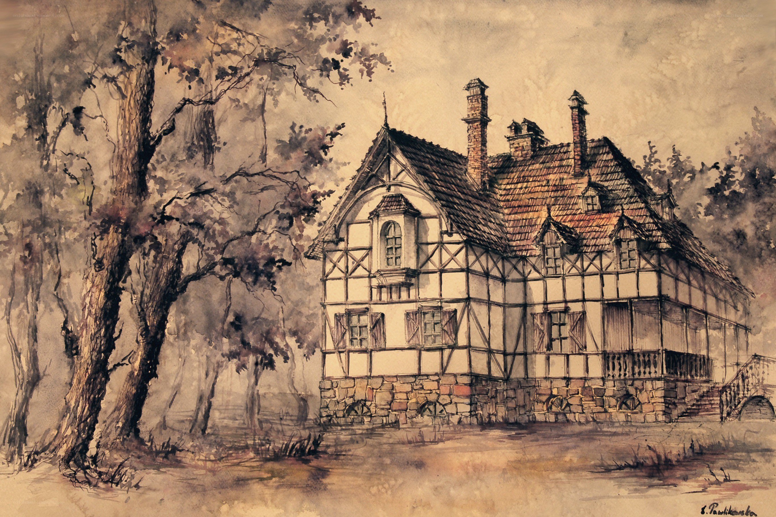 Watercolor house in forest
