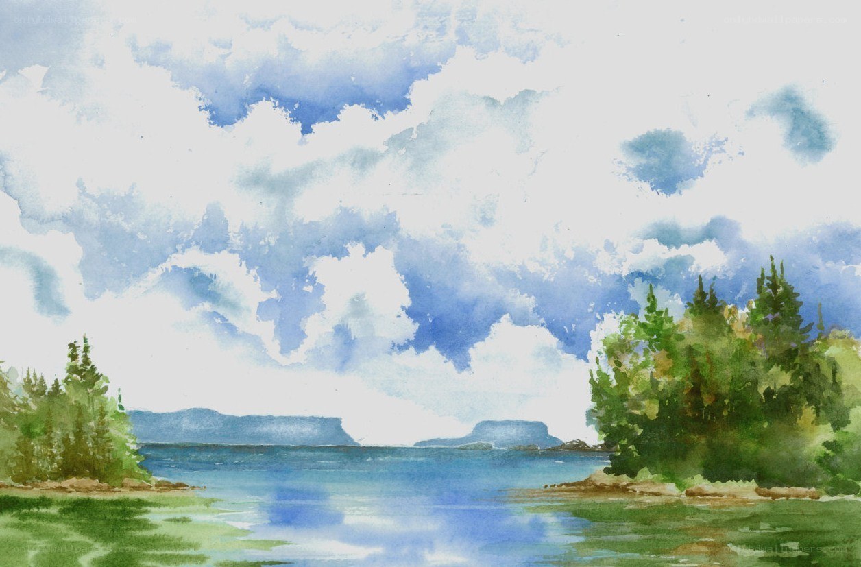 Watercolor lake landscape