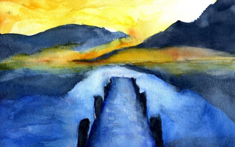 Watercolor landscape at sunset