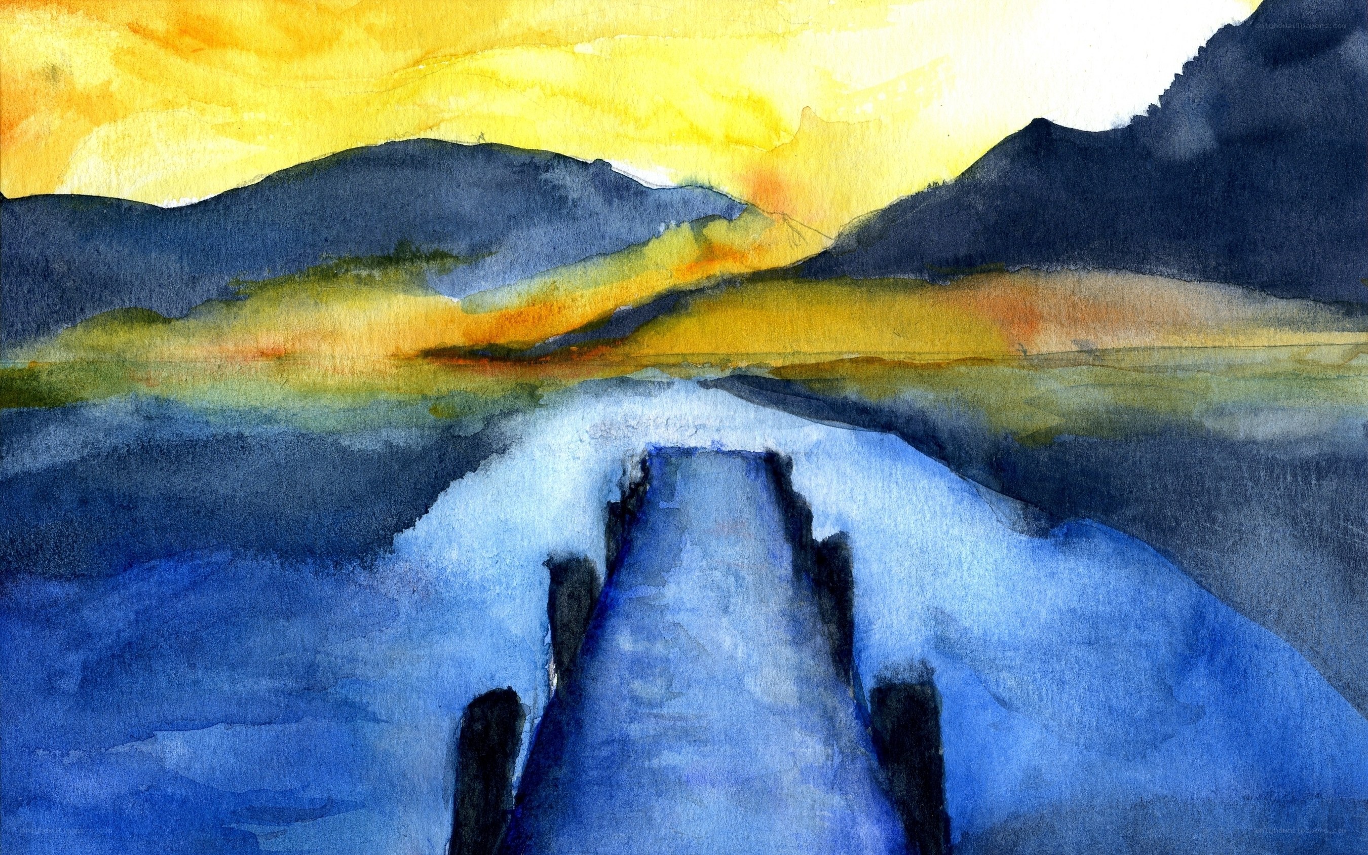 Watercolor landscape at sunset