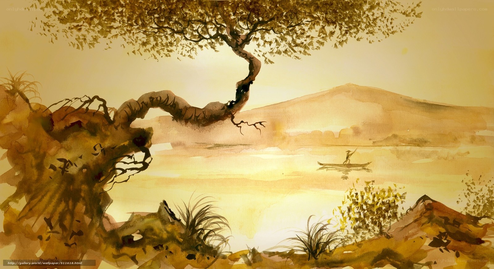 Watercolor landscape with boat