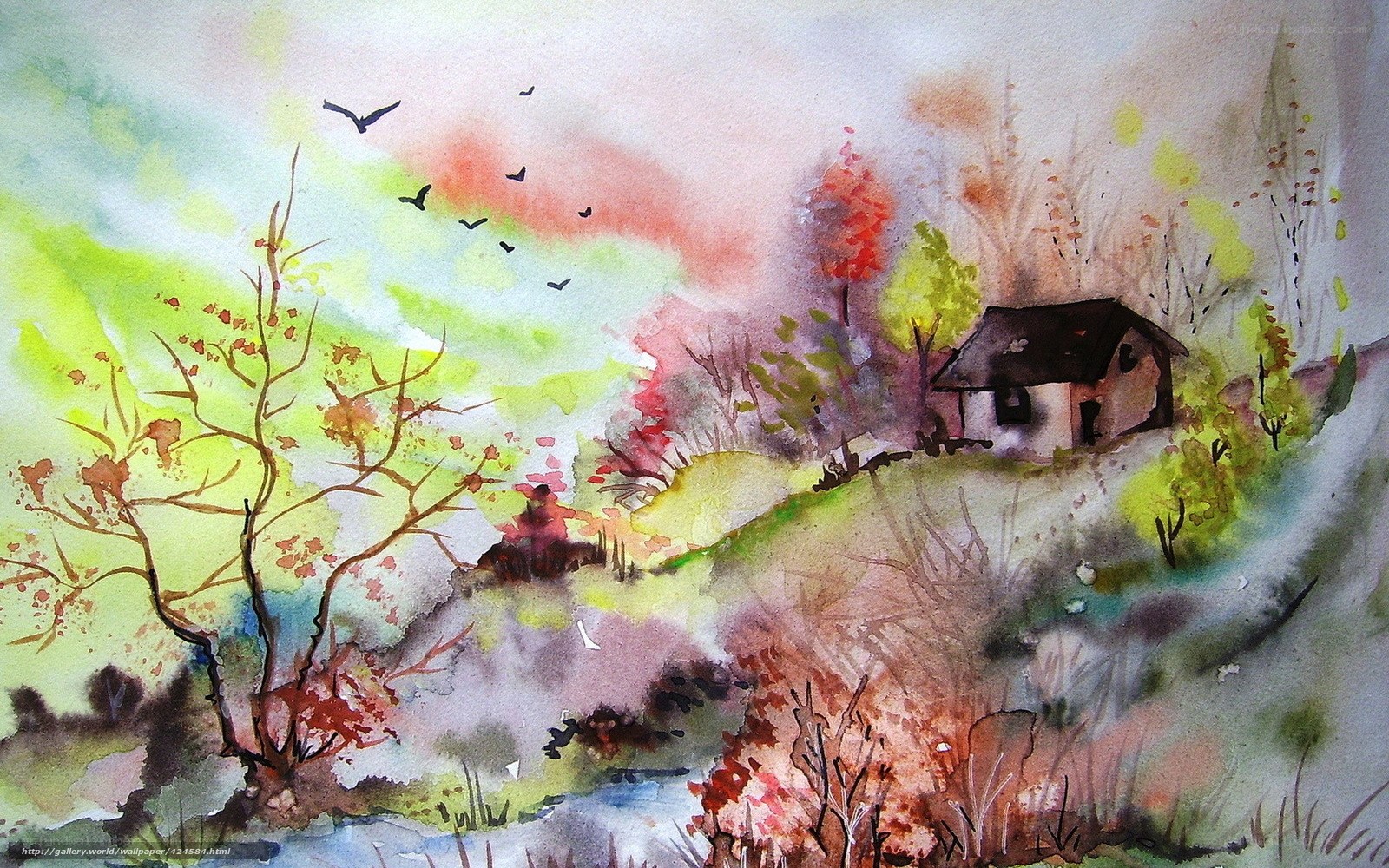 Watercolor landscape with cabin