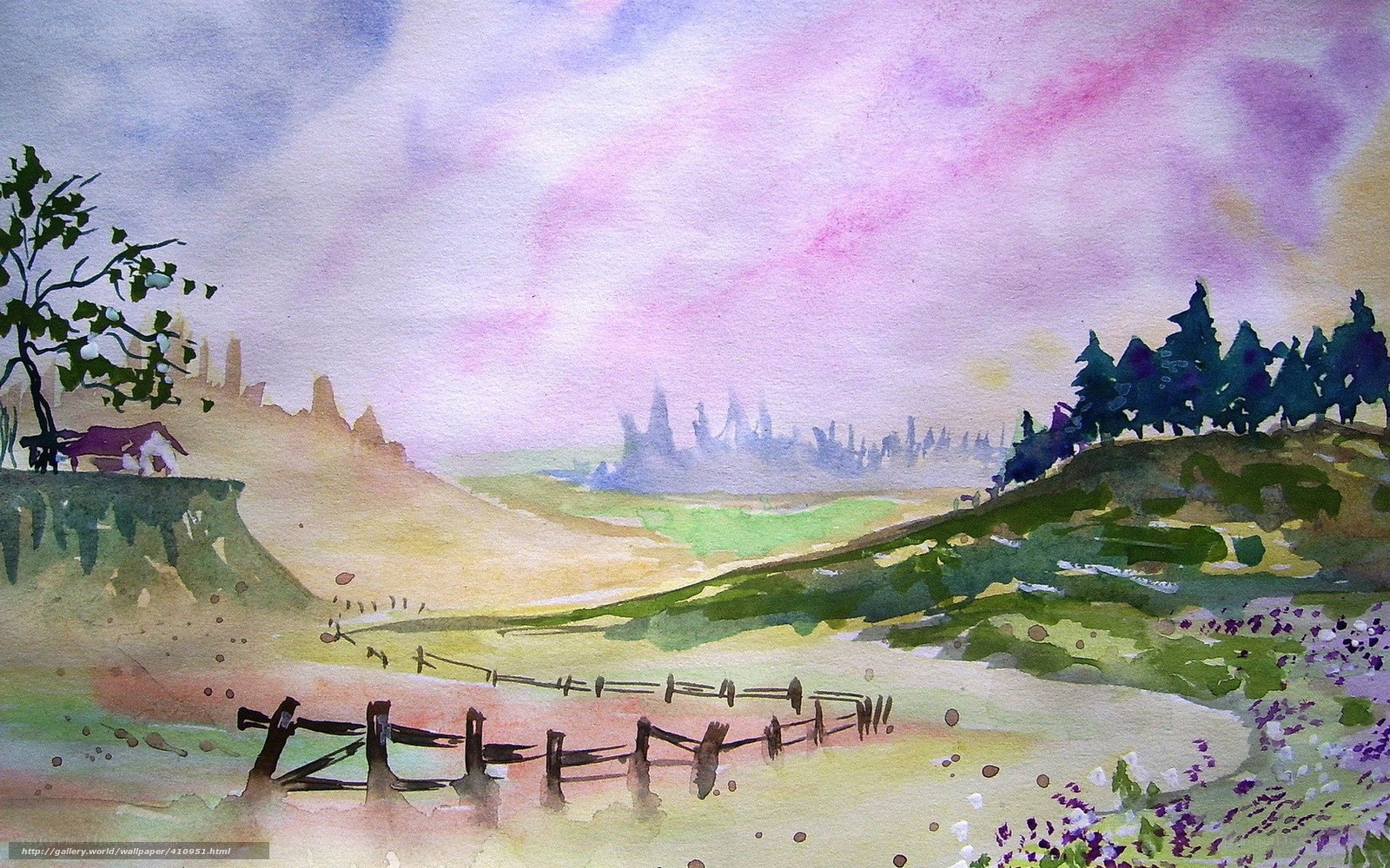 Watercolor landscape with purple sky