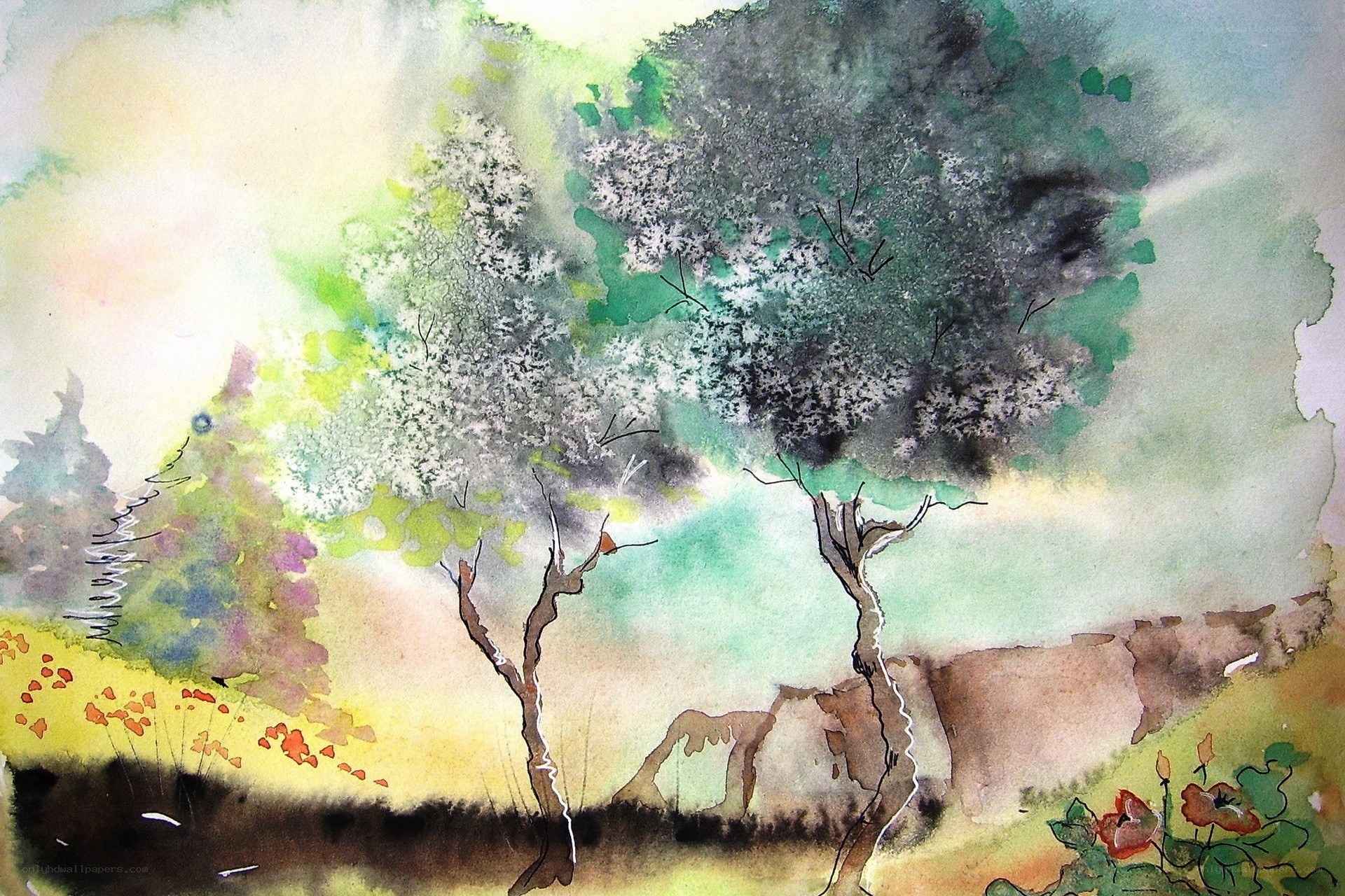 Watercolor landscape with trees