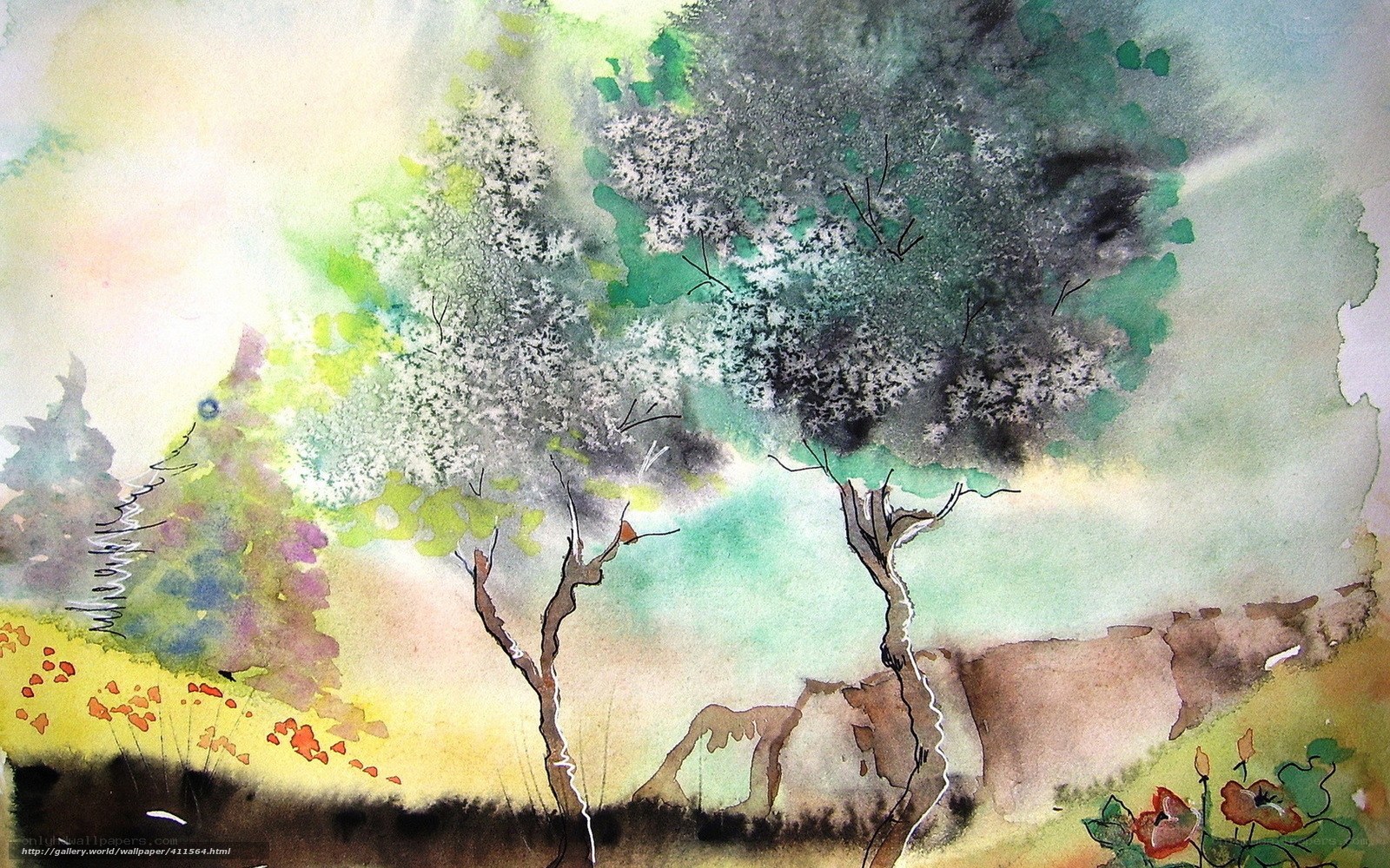 Watercolor landscape with trees