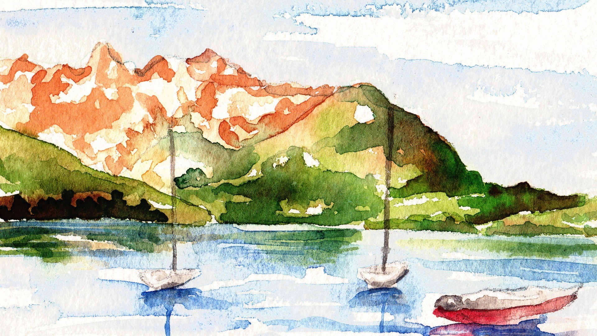 Watercolor mountain lake scene