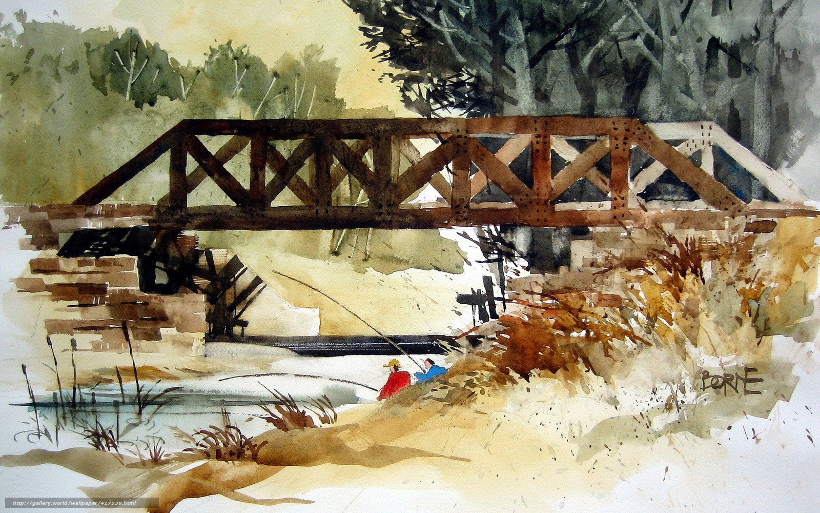 Watercolor of a bridge and fishermen