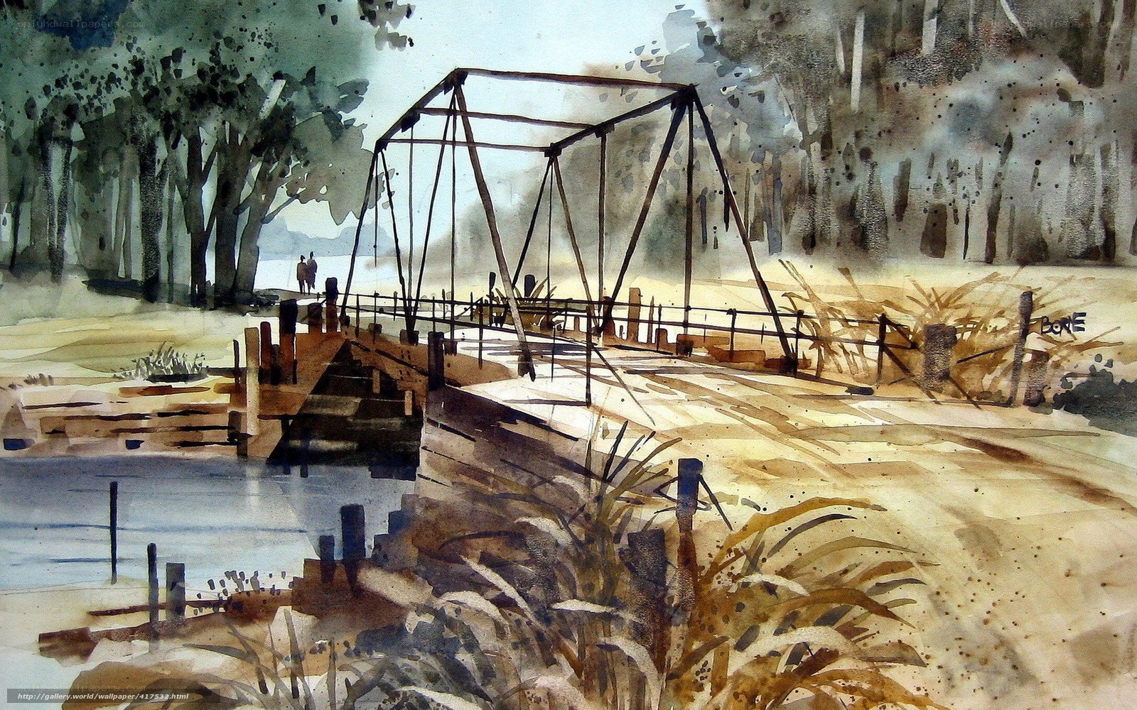 Watercolor of a bridge over a river
