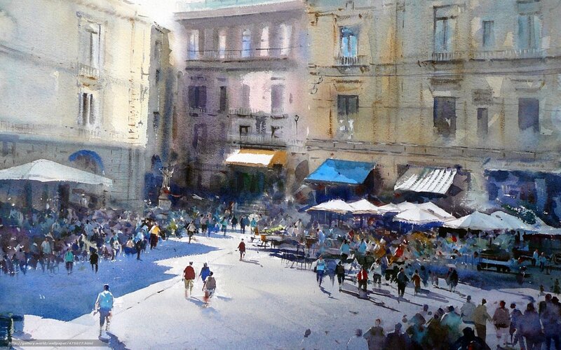 Watercolor of a bustling city square