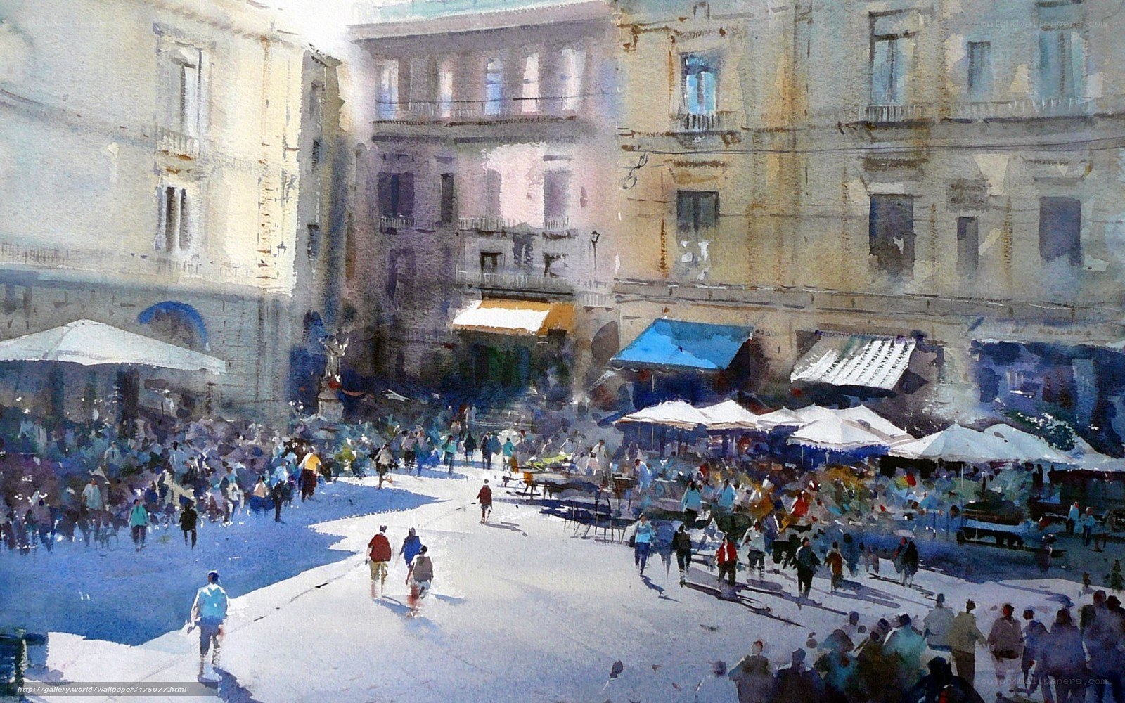 Watercolor of a bustling city square