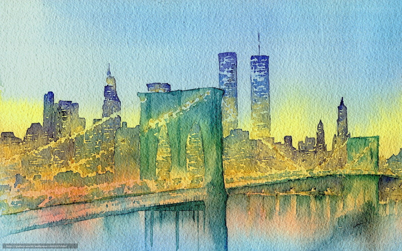 Watercolor of Brooklyn Bridge at sunset