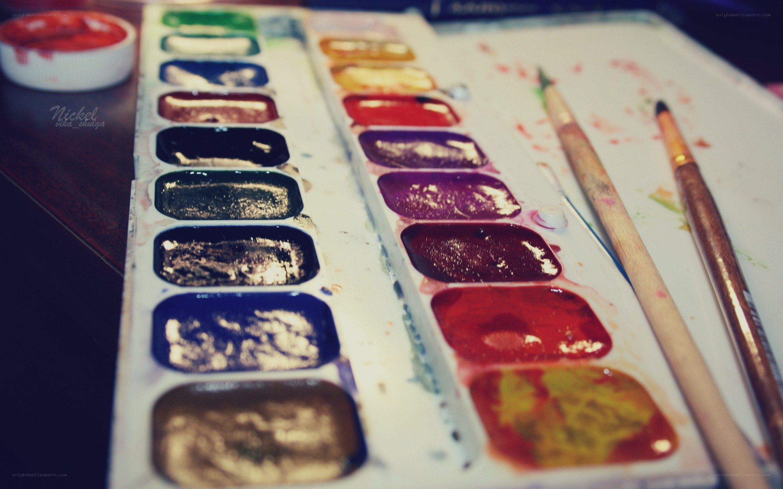 Watercolor paints and brushes