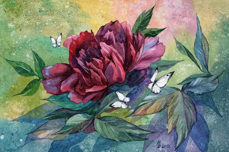 Watercolor peony with butterflies
