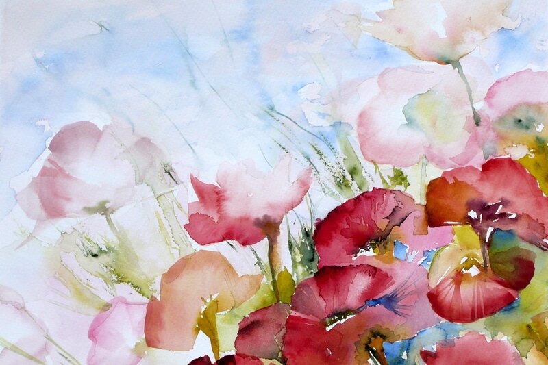 Watercolor poppy flowers